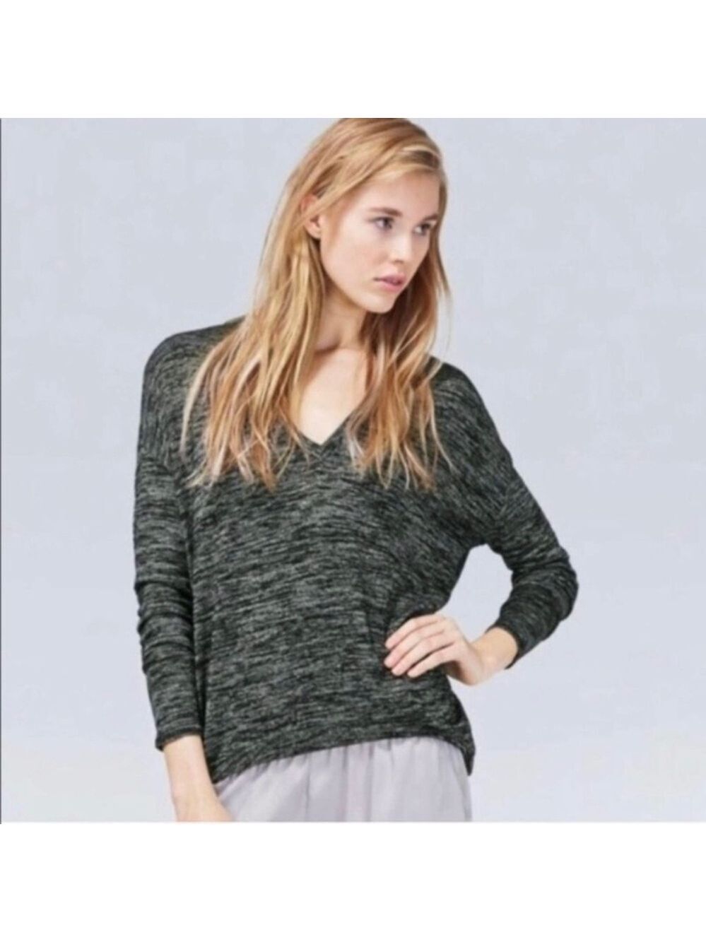Wilfred Free Aritiza Devinette Oversized Tee V-Neck Green Grey Slub Knit XXS Y2K